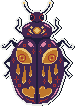 a pixel art beetle in shades of purple and yellow, with motifs of hearts, teardrops, and eyes